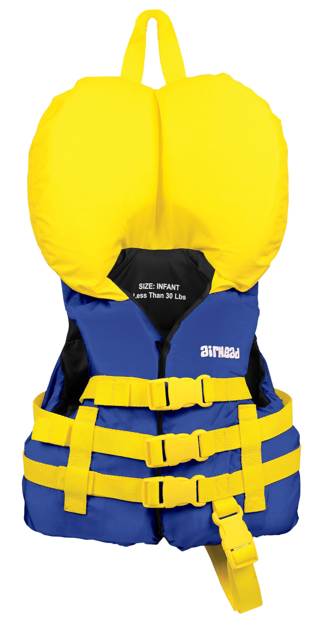 Airhead infant life jacket front view in blue showing secure fit and high visibility