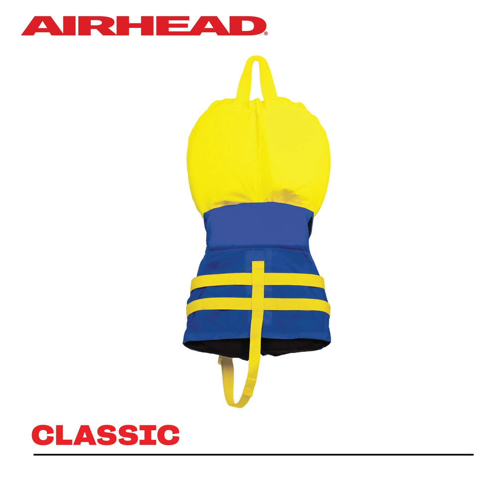 Airhead infant life jacket on child aboard boat demonstrating easy grab rescue handle
