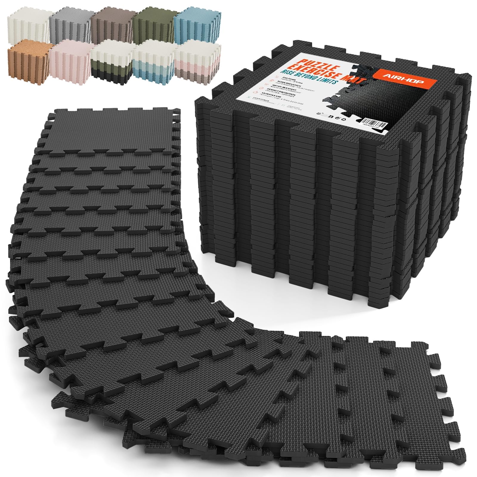 AIRHOP front packaging showing 18-piece puzzle mat set and benefits
