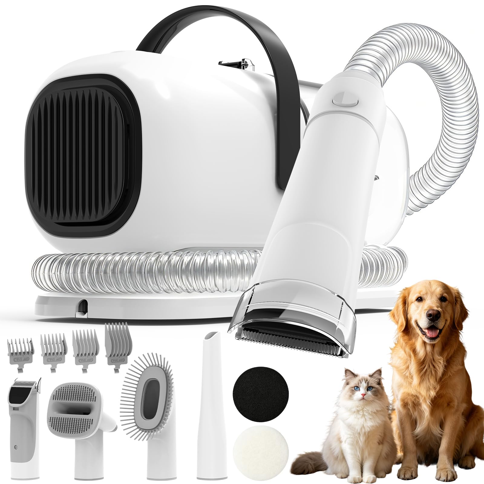 AiRiOBO front product shot showing compact grooming vacuum and benefits