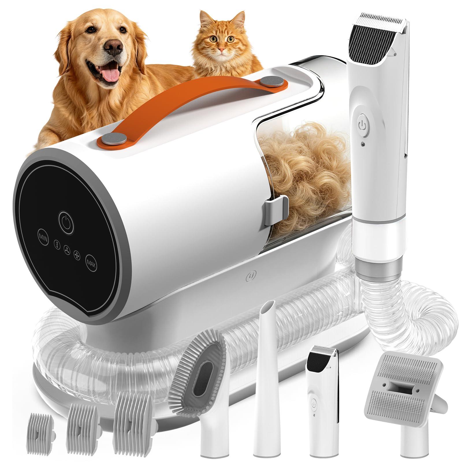 AiRiOBO front view of complete grooming kit showing compact motor and tools for easy storage