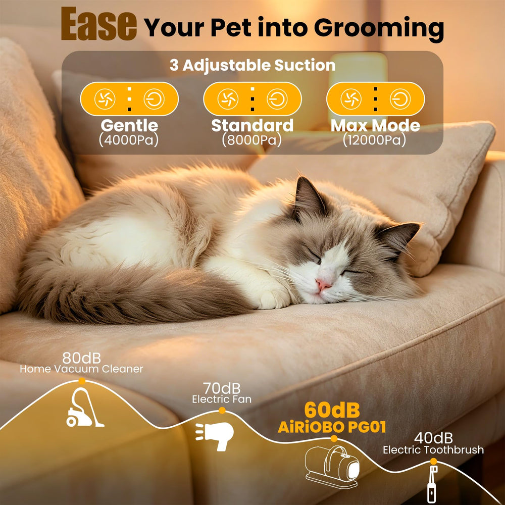 AiRiOBO grooming in use on sofa demonstrating low-noise comfortable sessions