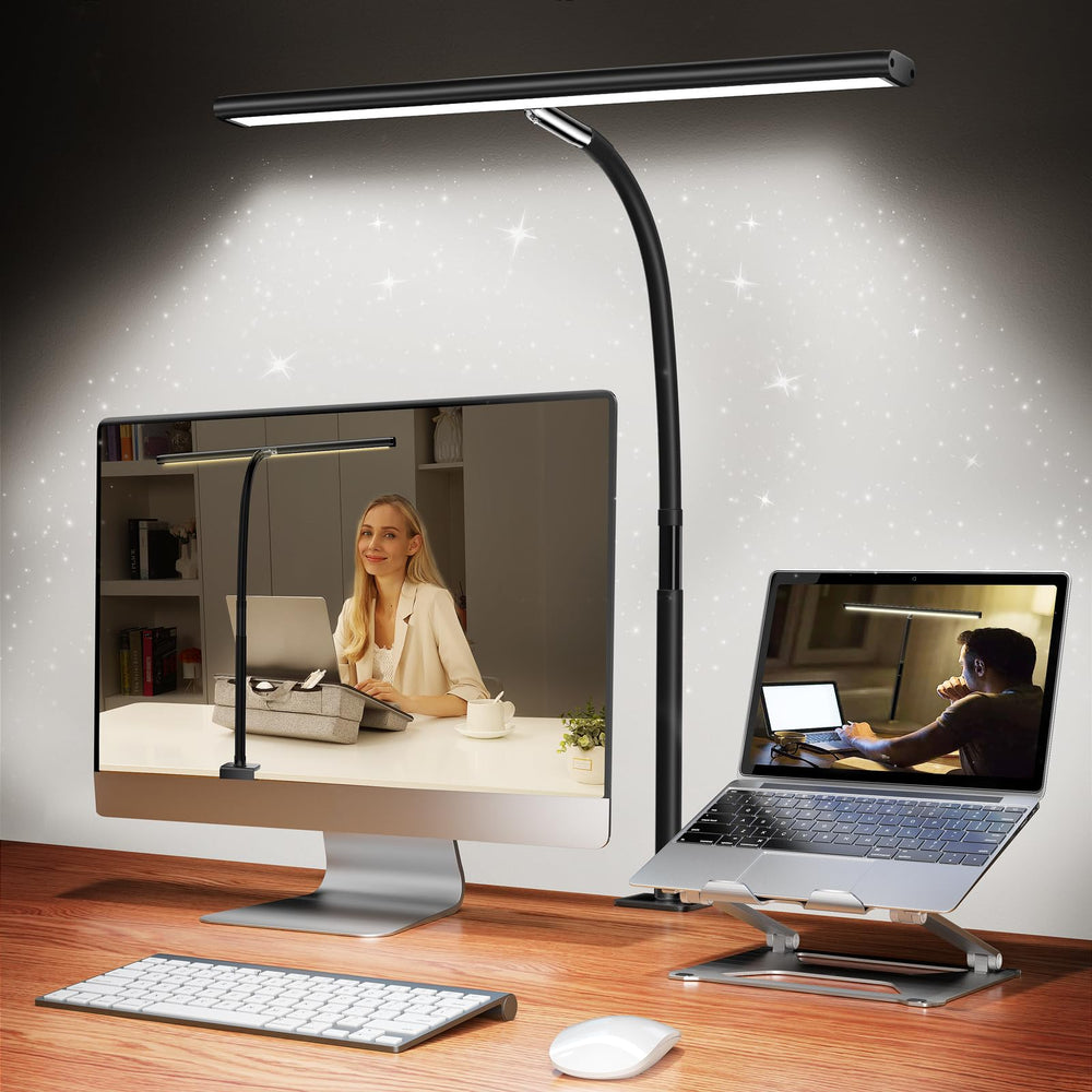 Airlonv front view showing 17-inch lamp bar and sleek clamp for full desk coverage
