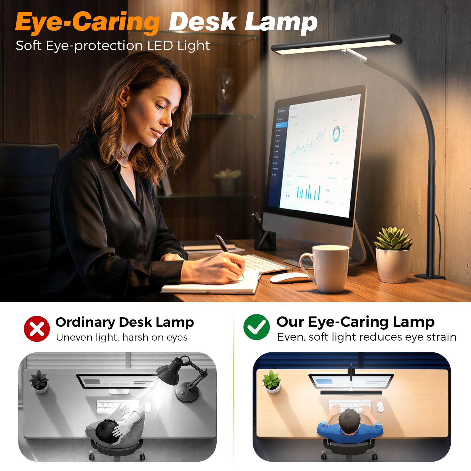 Airlonv in-use desk setup with monitor highlighting broad coverage and reduced screen glare