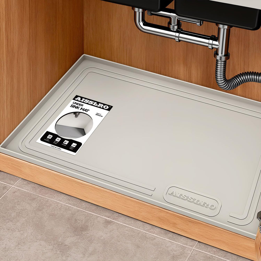 Aisslro front view of beige mat showing full size and neat edges protecting cabinet