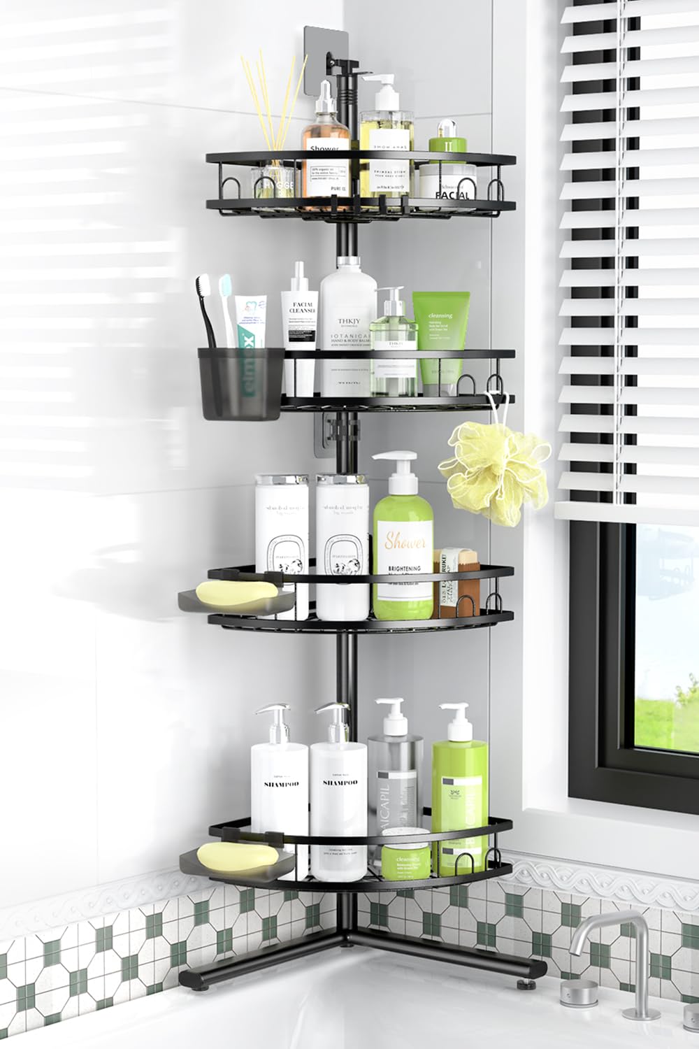 Aitatty front view showing full rustproof corner shower caddy and organized bottles