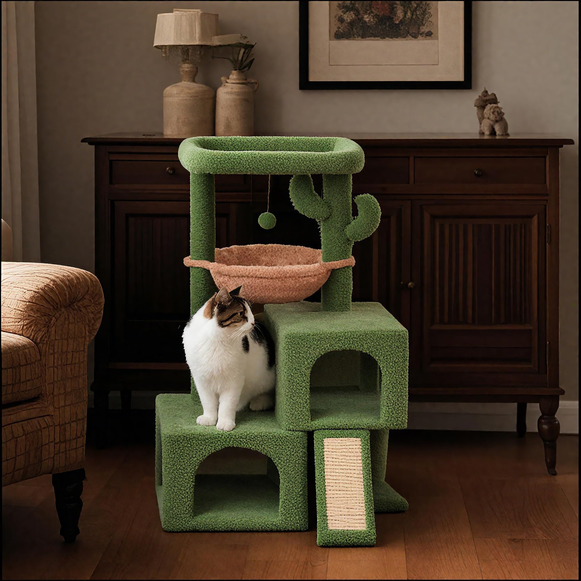 AIWIKIDE lifestyle scene with cat on top perch demonstrating elevated lookout and play