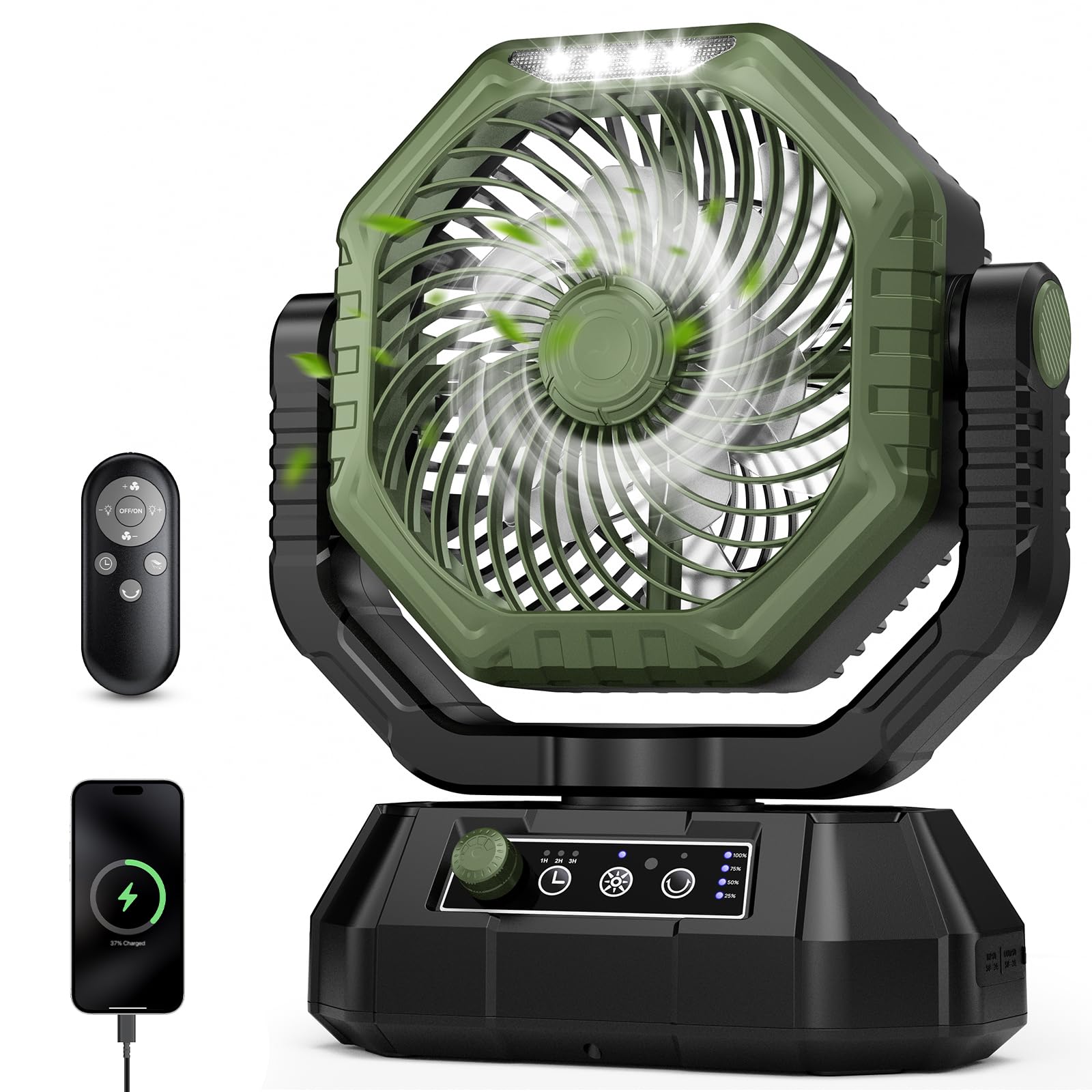 AJVV camping fan front view with hook showing portable airflow benefit