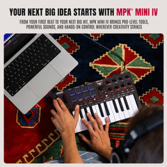 Akai Professional MPK Mini IV close-up of Gen-3 mini keybed highlighting responsive playability
