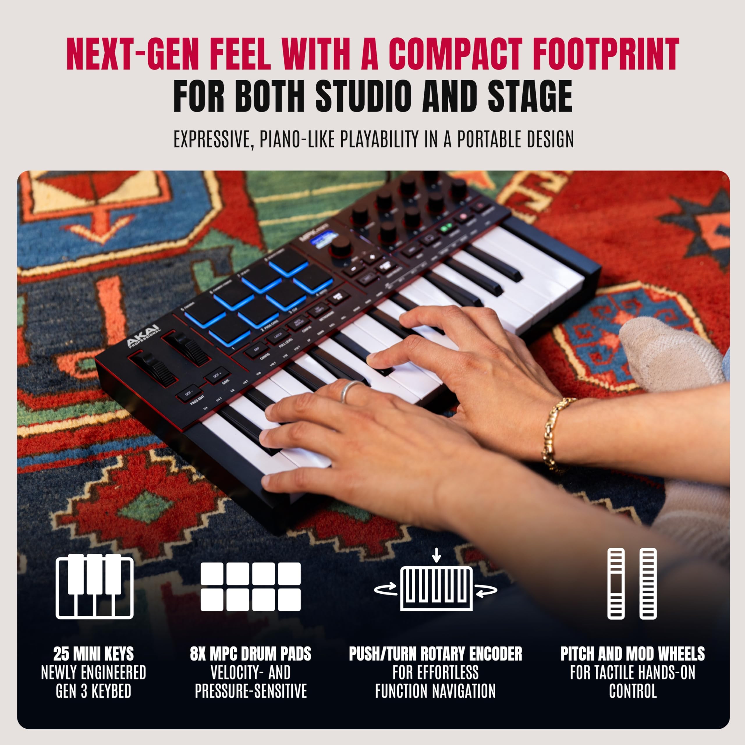 Akai Professional MPK Mini IV detailed view of RGB MPC pads for expressive finger-drumming