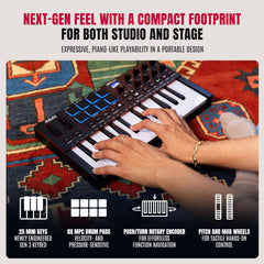 Akai Professional MPK Mini IV detailed view of RGB MPC pads for expressive finger-drumming