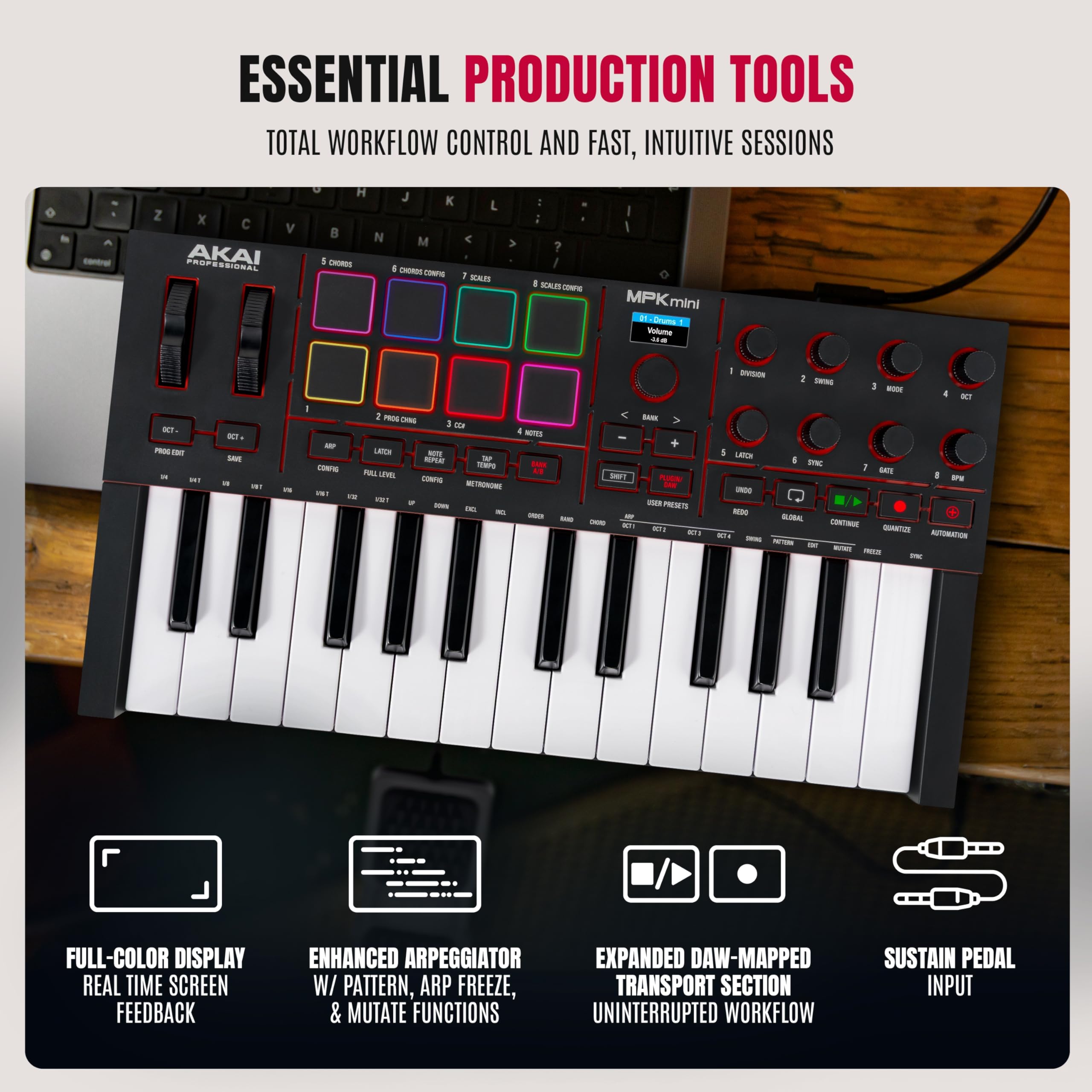 Akai Professional MPK Mini IV pitch and modulation wheels offering tactile expressive control