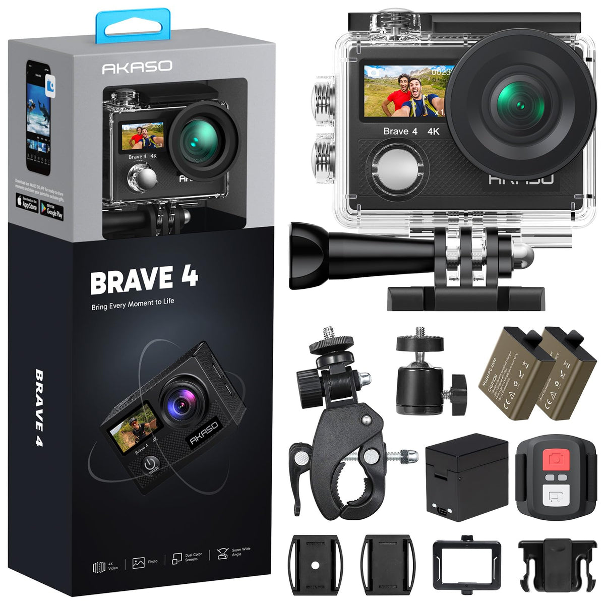 AKASO Brave 4 front view showing lens and durable build for clear framing