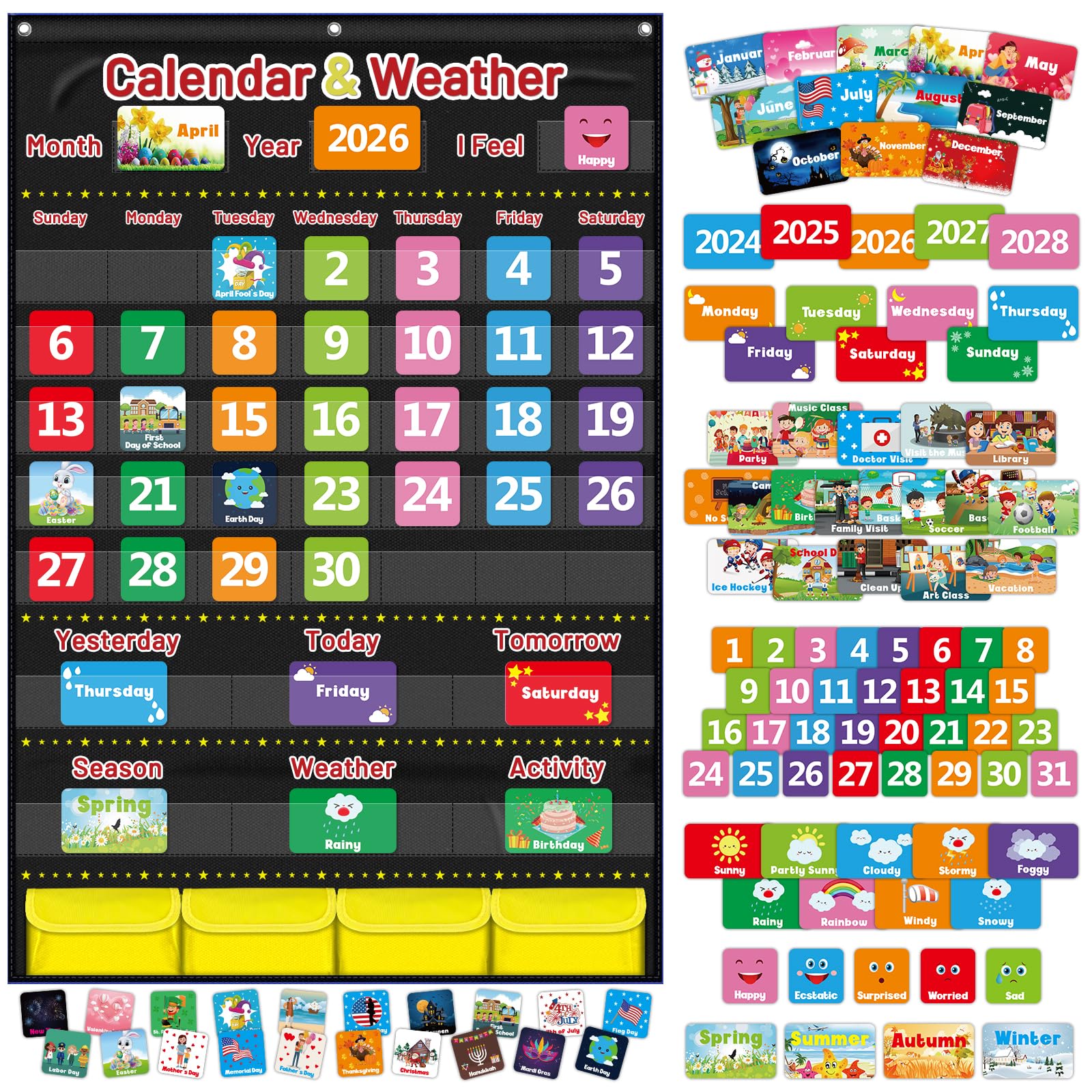 AKAYOK front view of calendar pocket chart shows clear pockets and bright cards for easy teaching