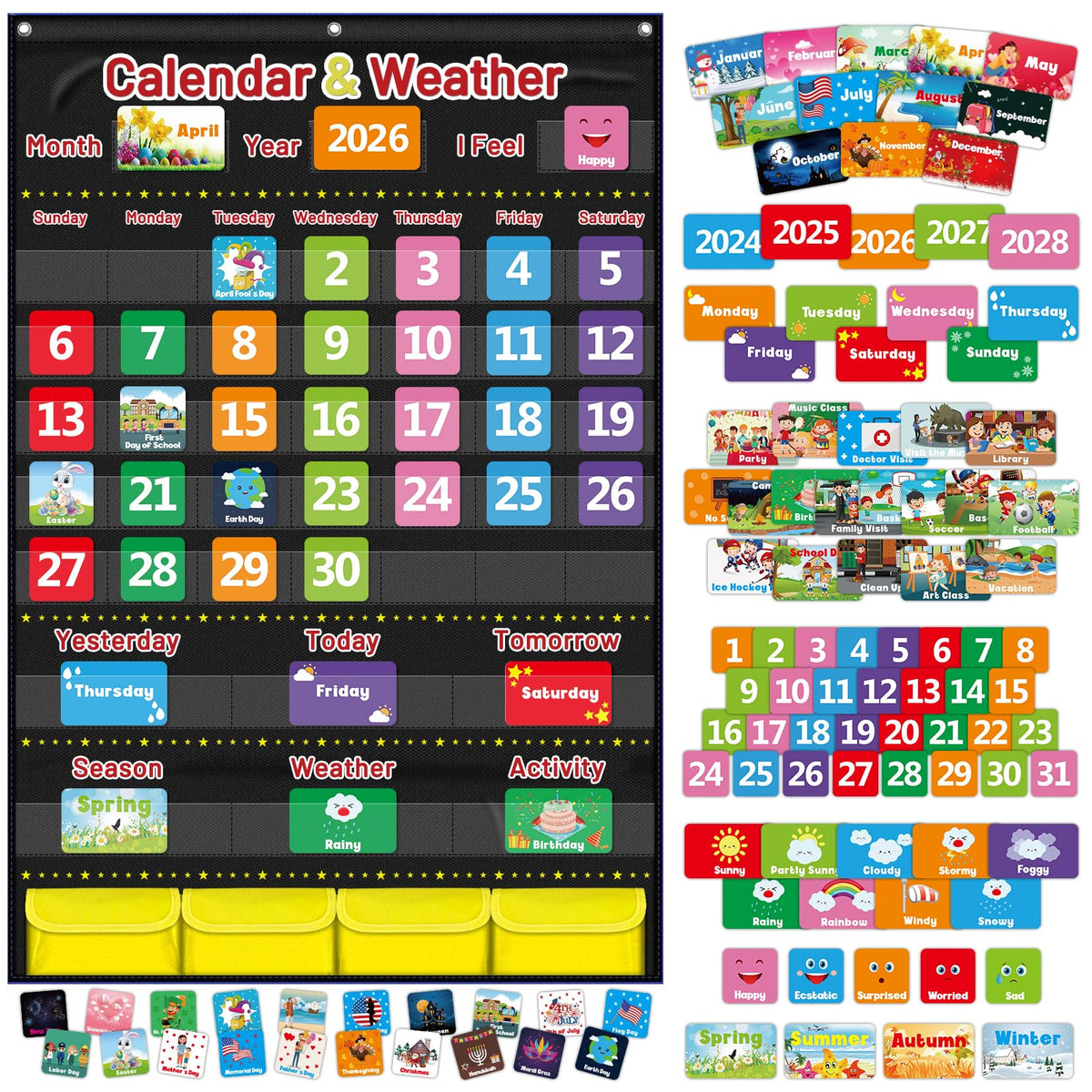 AKAYOK front view of calendar pocket chart shows clear pockets and bright cards for easy teaching