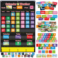 AKAYOK front view of calendar pocket chart shows clear pockets and bright cards for easy teaching