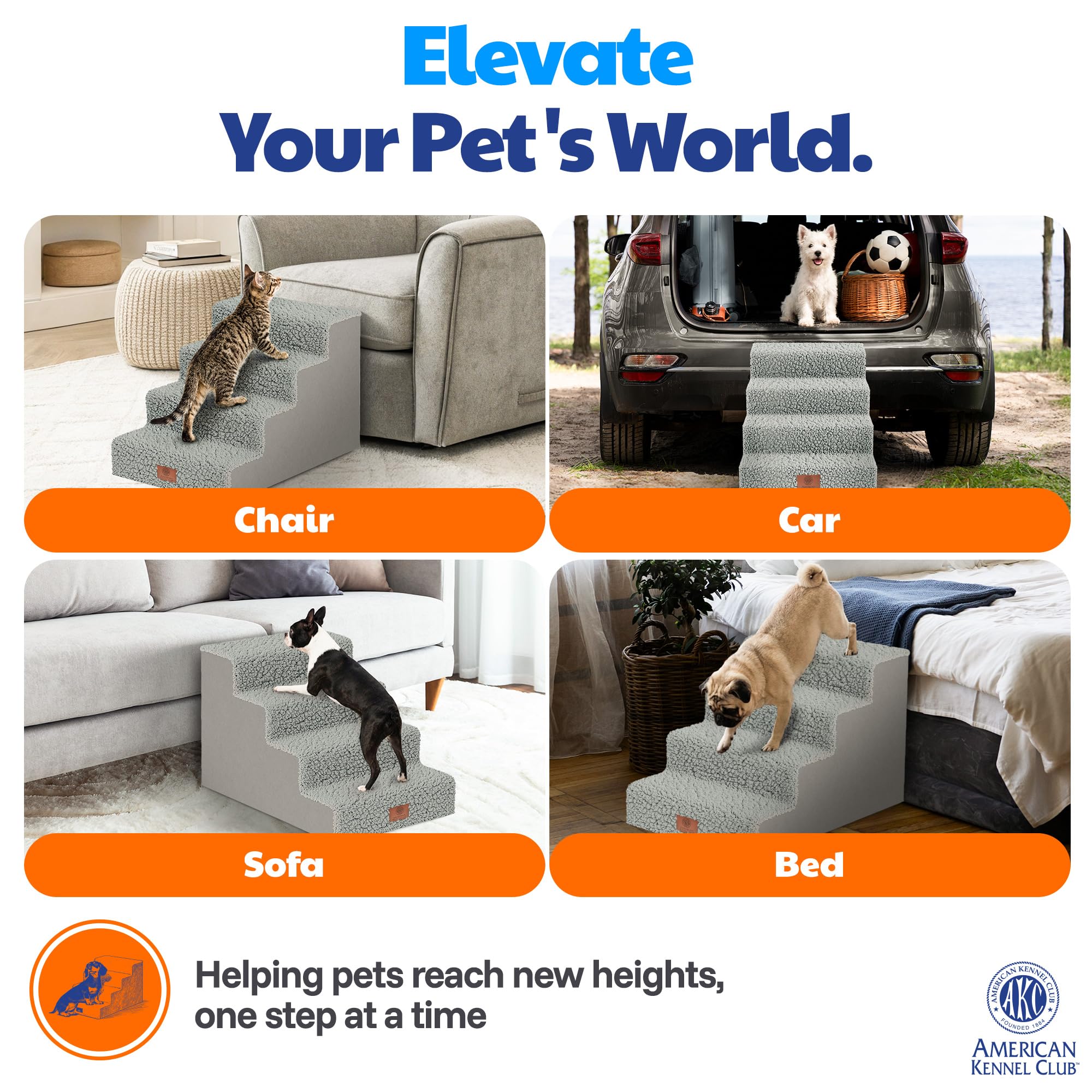 American Kennel Club stairs beside chair to show compact footprint and fit
