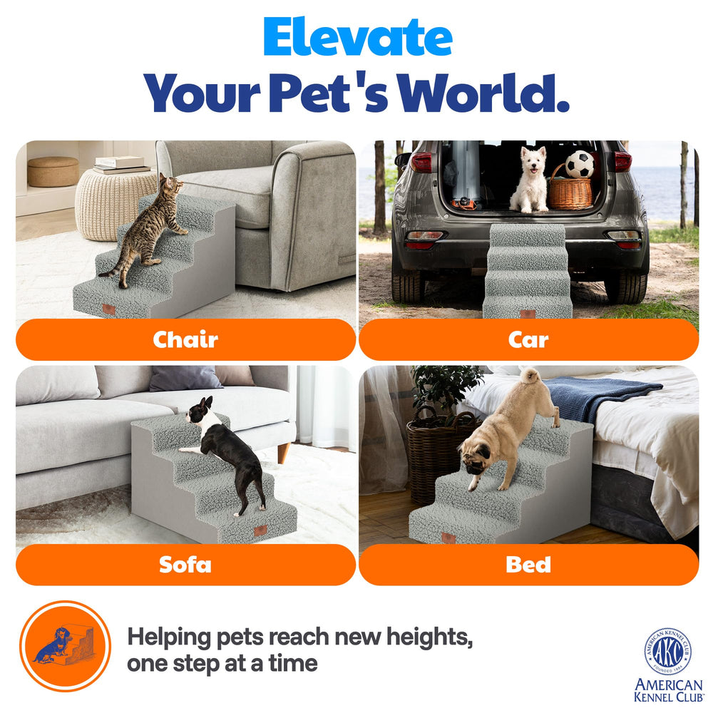 American Kennel Club stairs beside chair to show compact footprint and fit