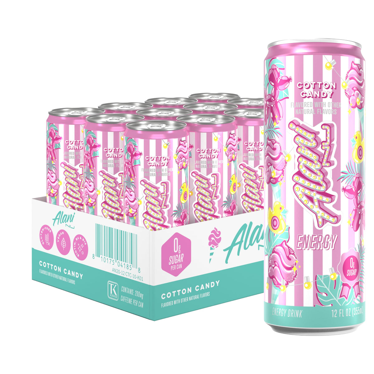 Alani Nu front packaging showing bright cotton candy can for grab-and-go energy