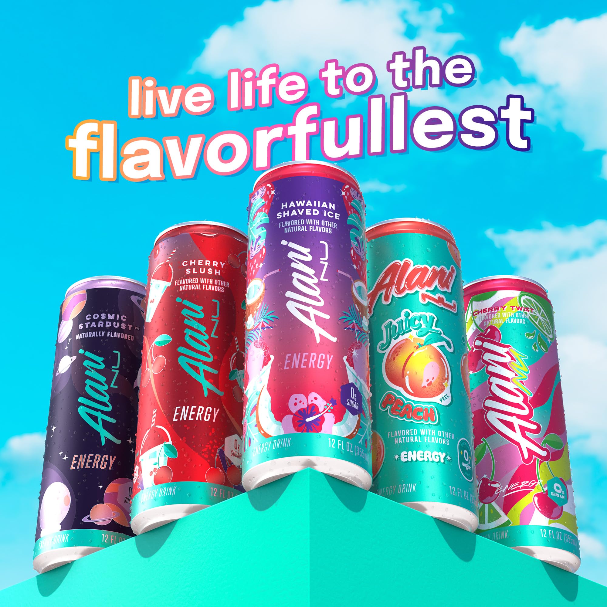 Alani Nu cans staged at a beach picnic conveying portable energy and fun
