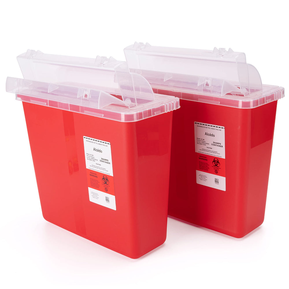Alcedo front view of 5-quart sharps container showing secure lid and label for safe storage