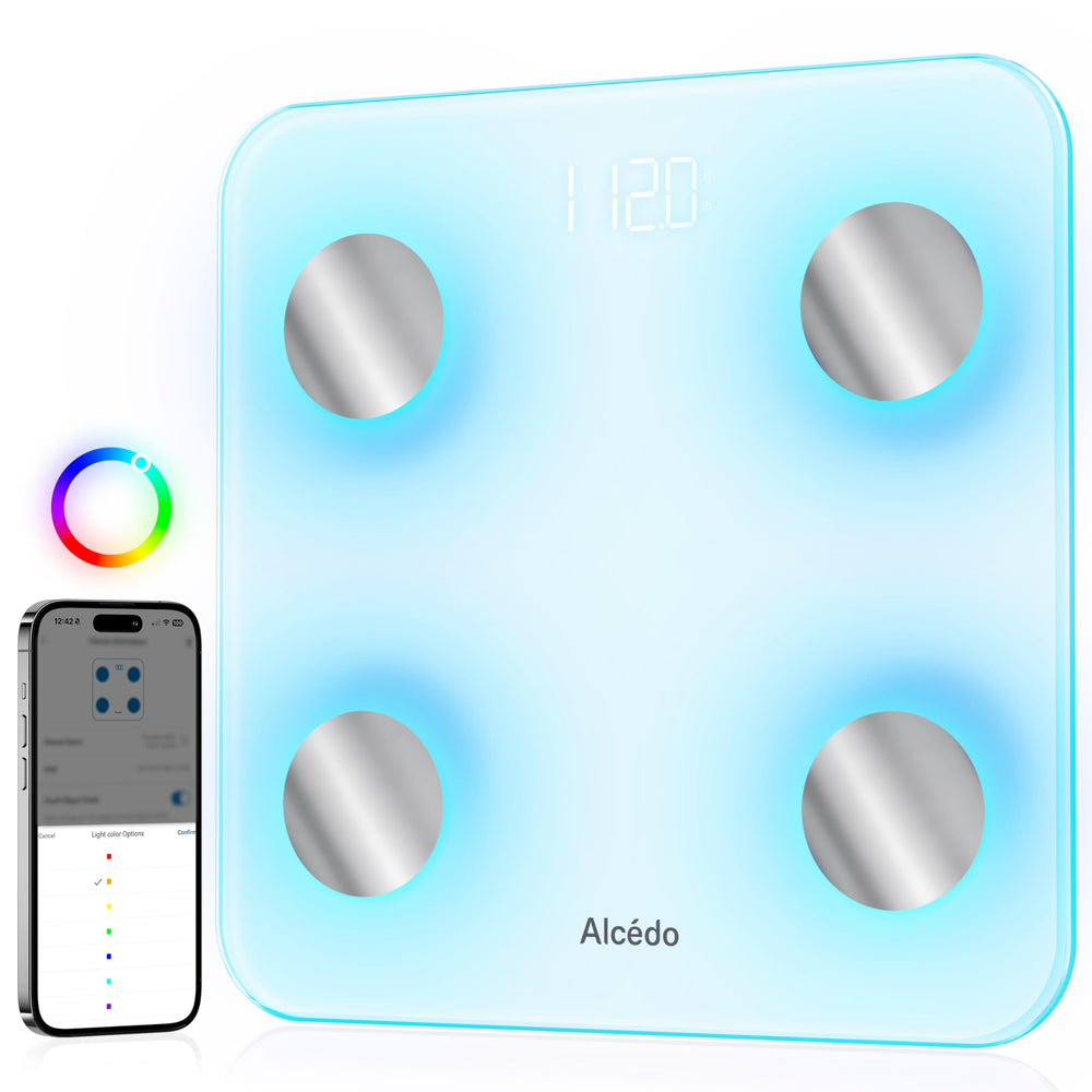 Alcedo white scale front view showing sleek design and accurate weighing benefit