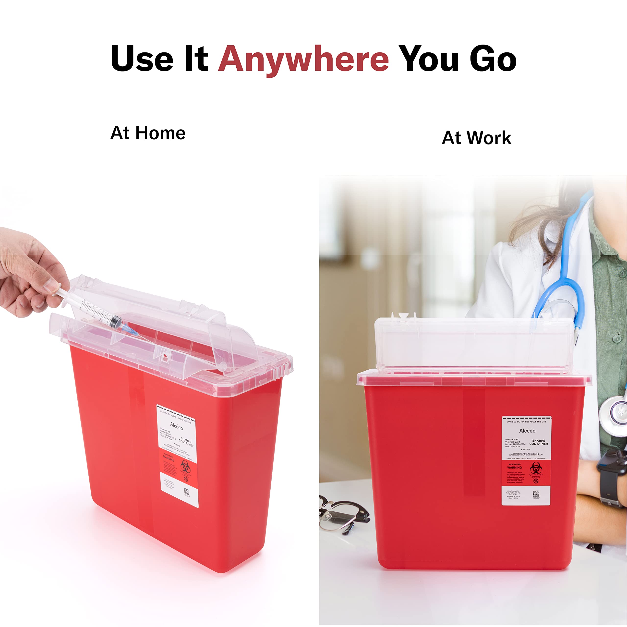 Alcedo container on home bathroom counter showing discreet, safe at-home disposal