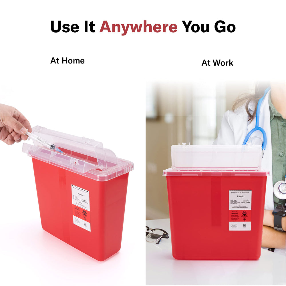 Alcedo container on home bathroom counter showing discreet, safe at-home disposal