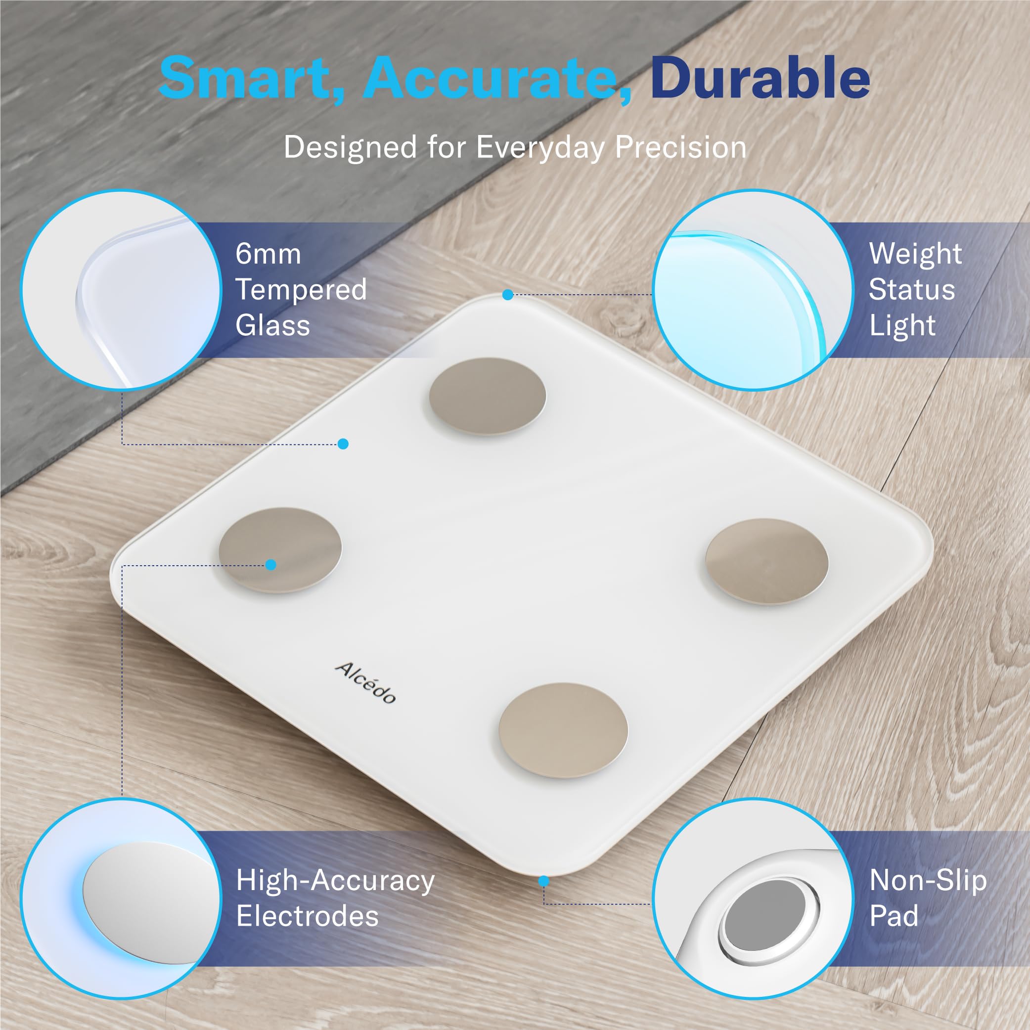 Alcedo user stepping on scale demonstrating simple use and instant feedback