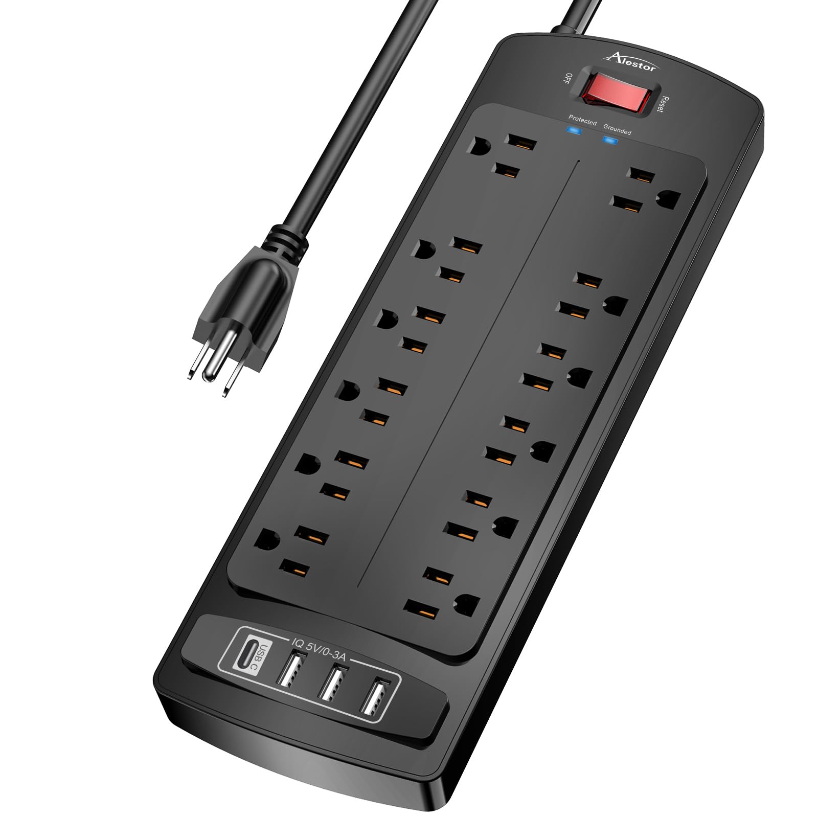 Alestor front view showing 12 outlets and 4 USBs for flexible device connection
