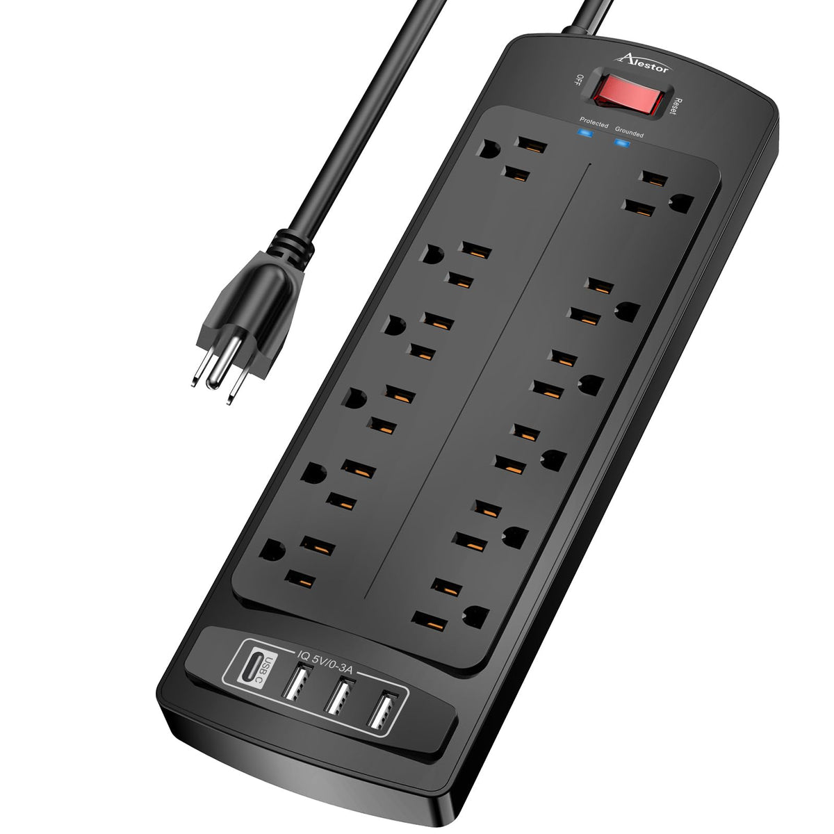 Alestor front view showing 12 outlets and 4 USBs for flexible device connection