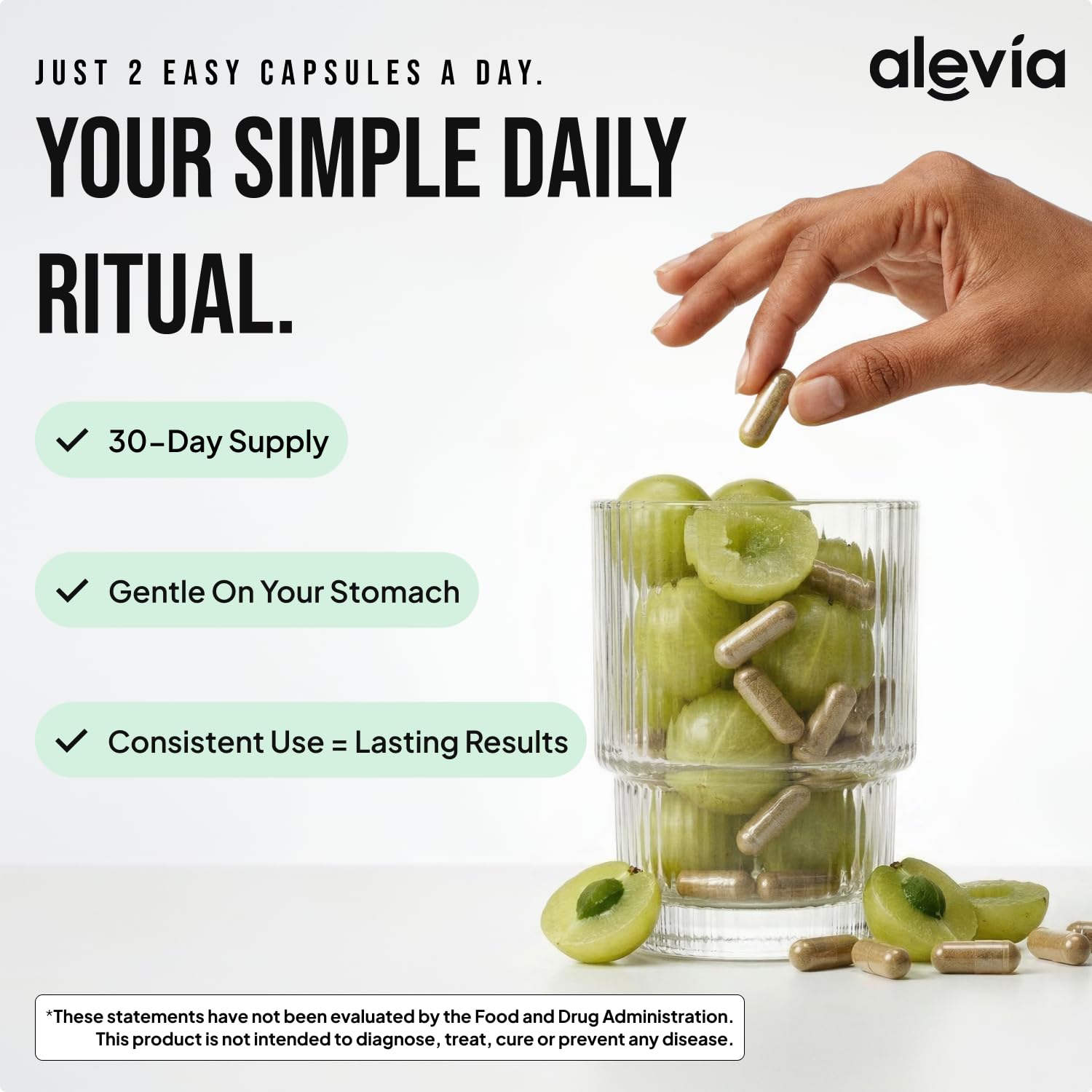 Alevia bottle with fresh Indian gooseberries showing natural source and antioxidants