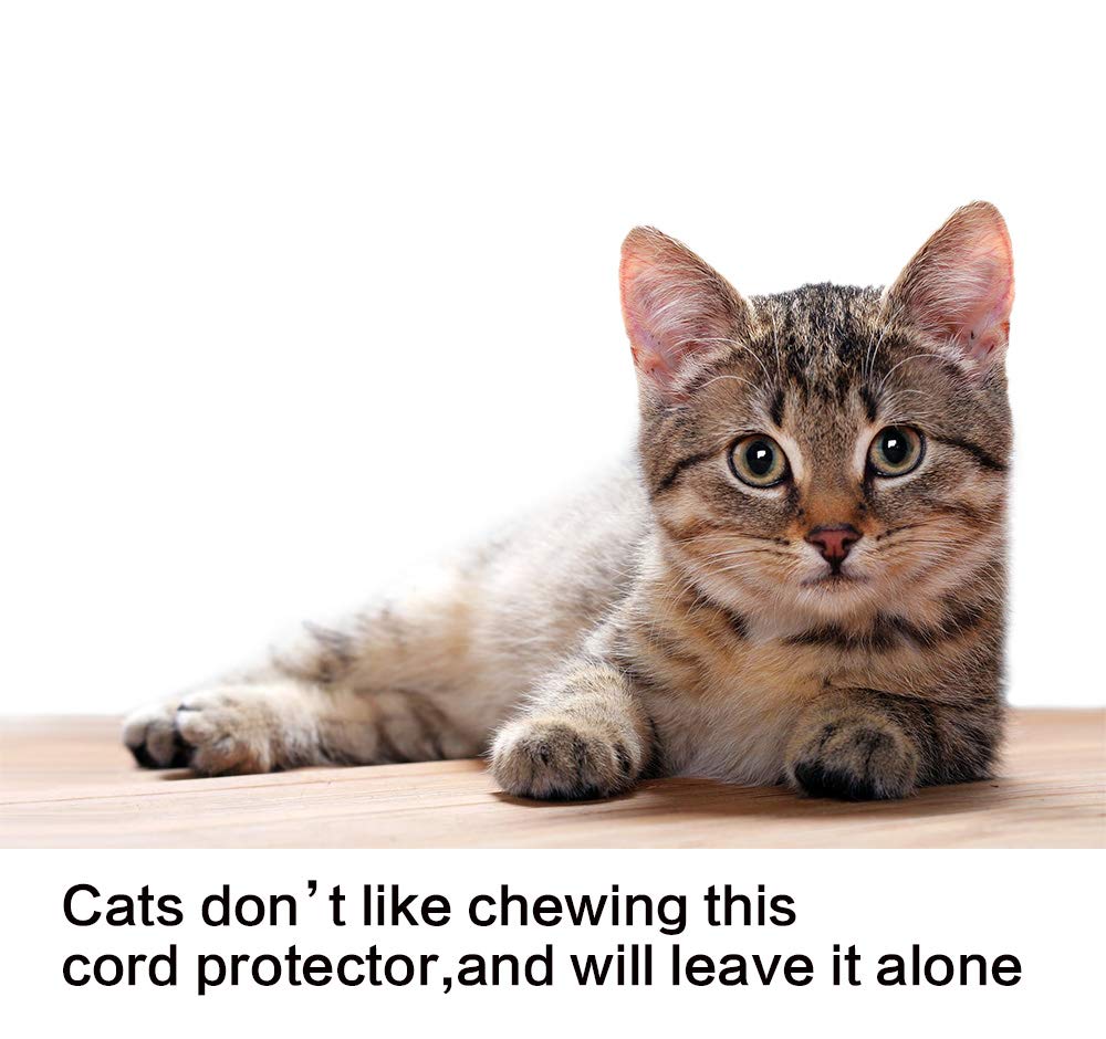 Alex Tech sleeve protecting cords with cat nearby showing chew deterrence