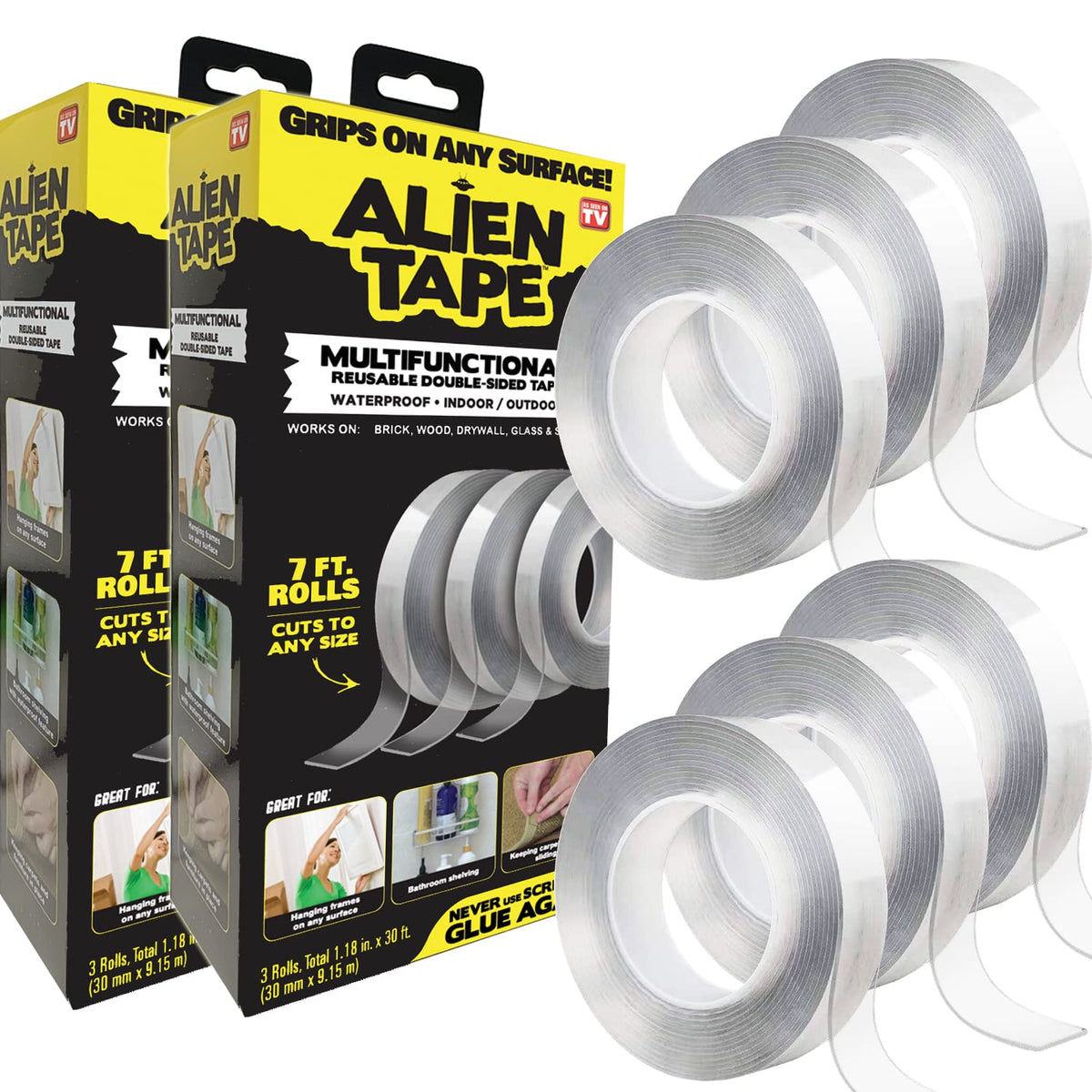 ALIEN TAPE front packaging showing six clear rolls and benefits
