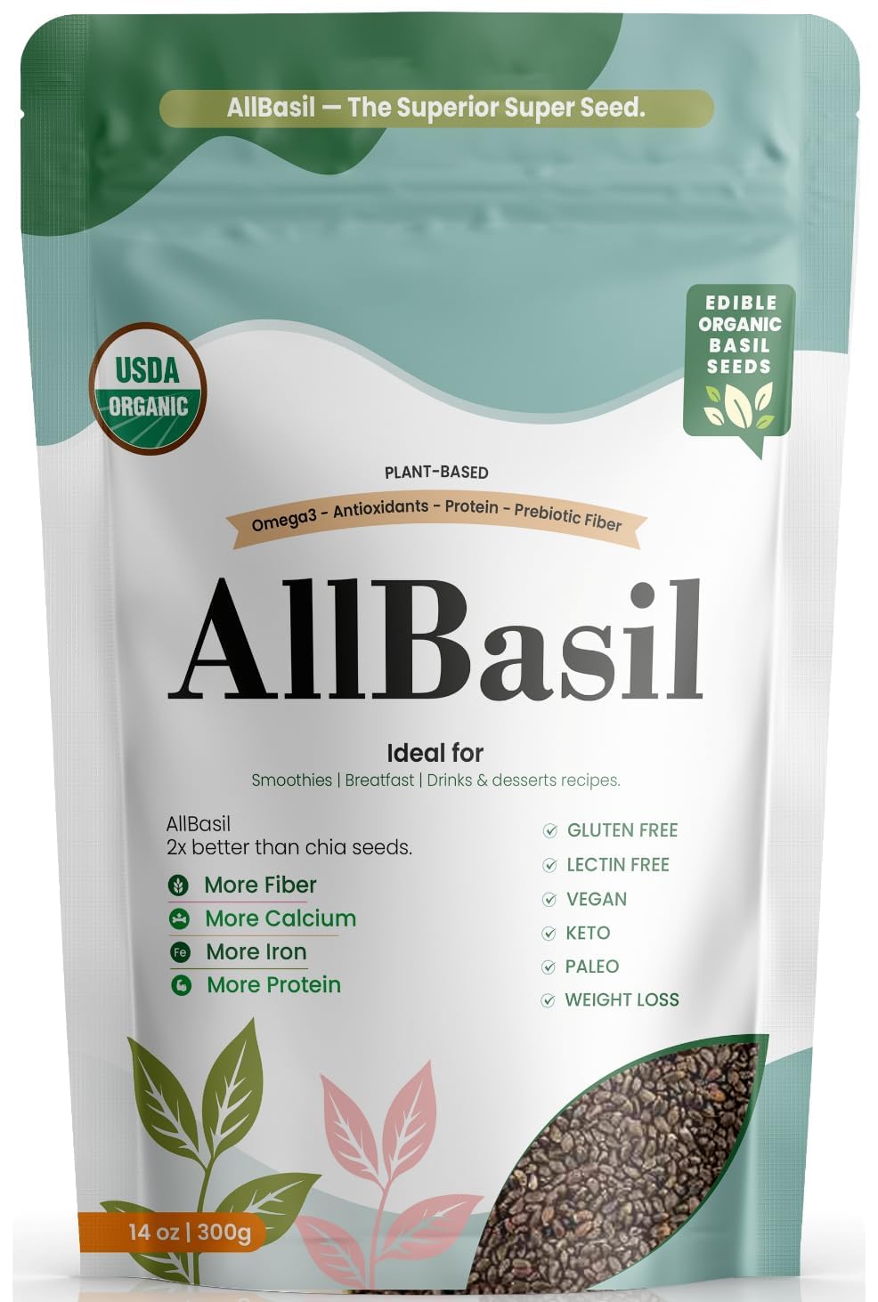 All Basil front packaging 14oz showing product and organic badge for trust