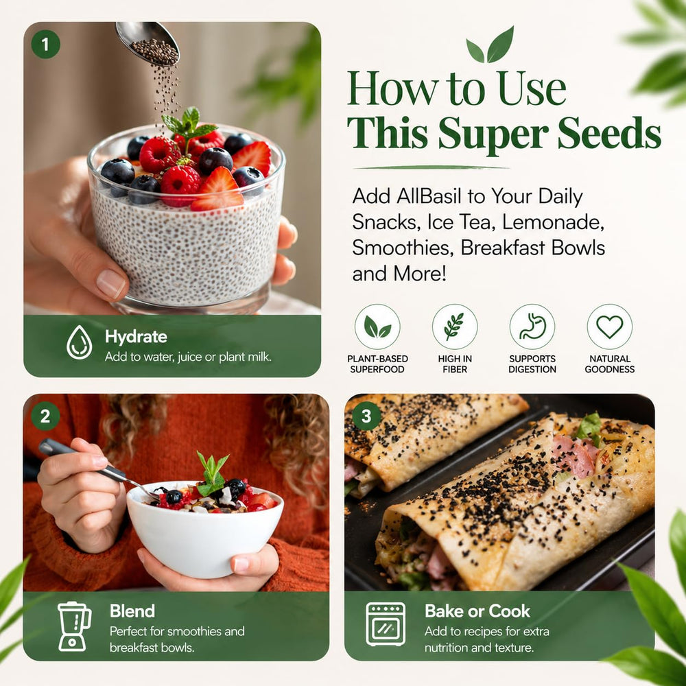 All Basil pouch open pouring seeds illustrating convenience and portion control