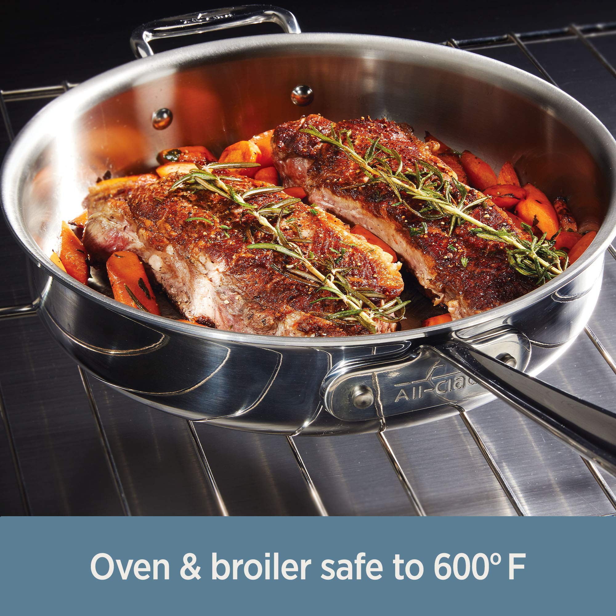 All-Clad D3 size comparison with utensil depicting family-meal capacity