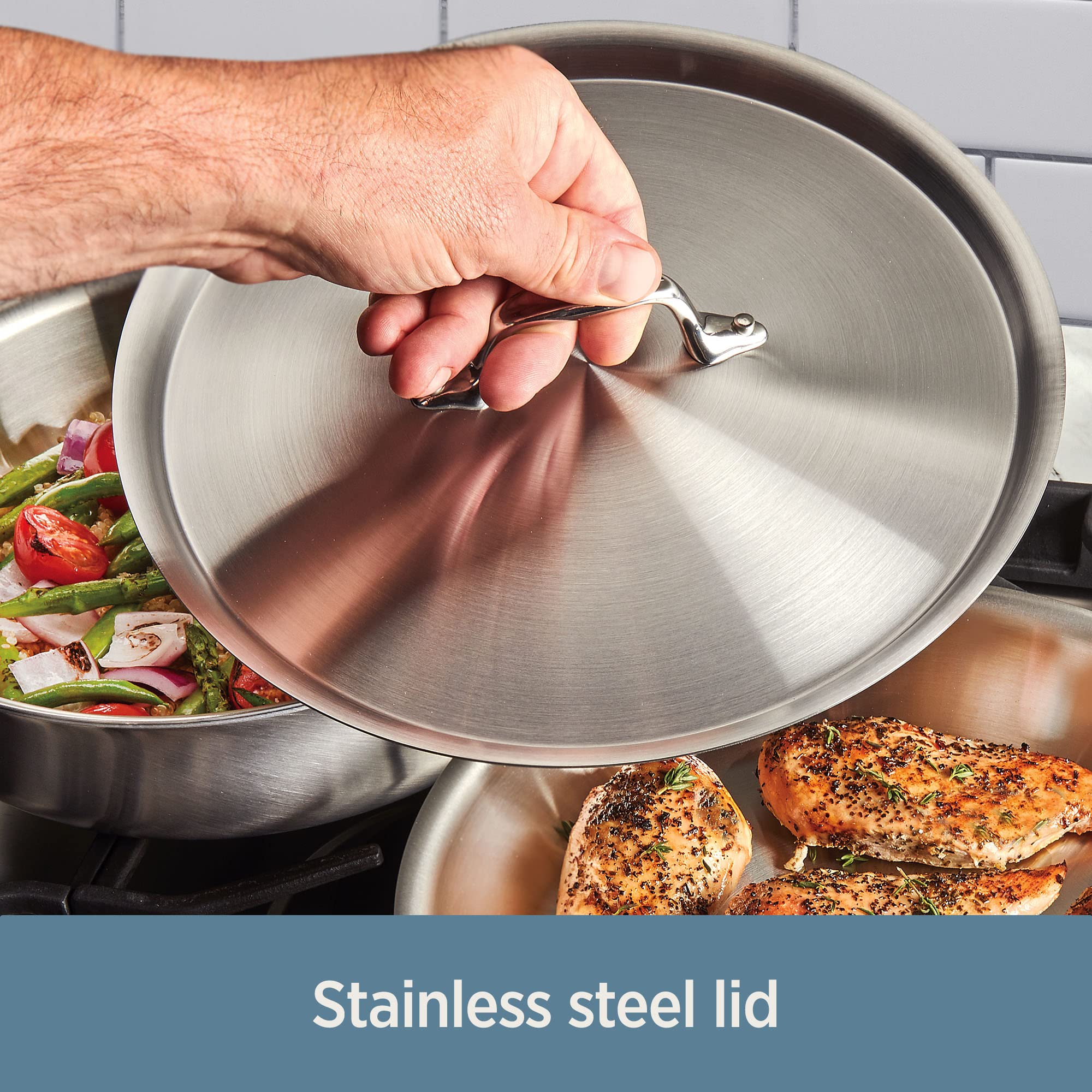 All-Clad D3 polished finish close-up showing easy cleanup and durability