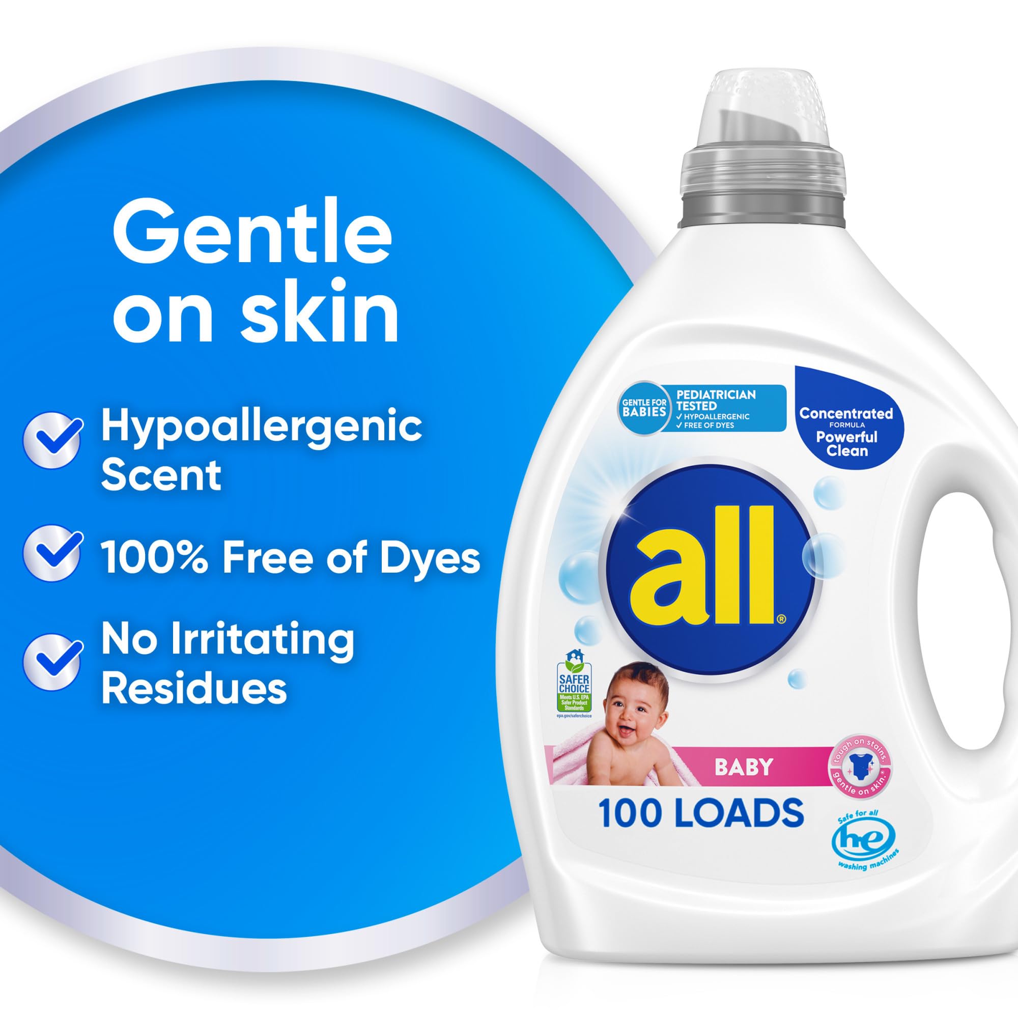 all detergent bottle beside an HE washing machine showing machine compatibility