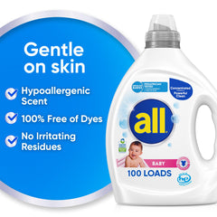 all detergent bottle beside an HE washing machine showing machine compatibility