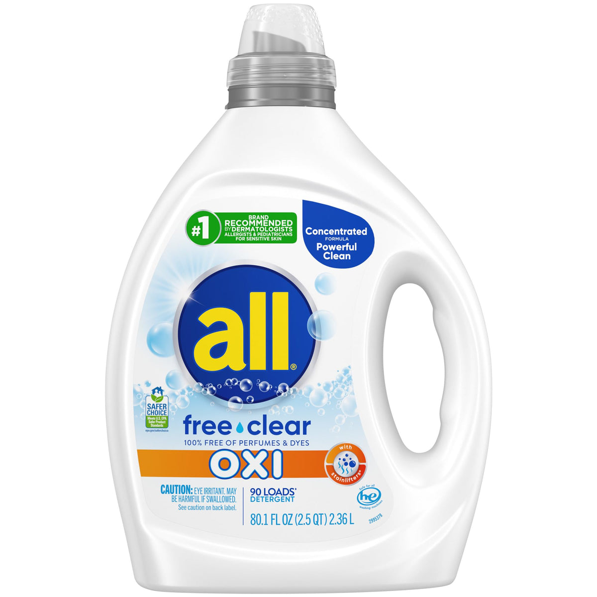 all free clear front label showing unscented and OXI benefits for sensitive skin