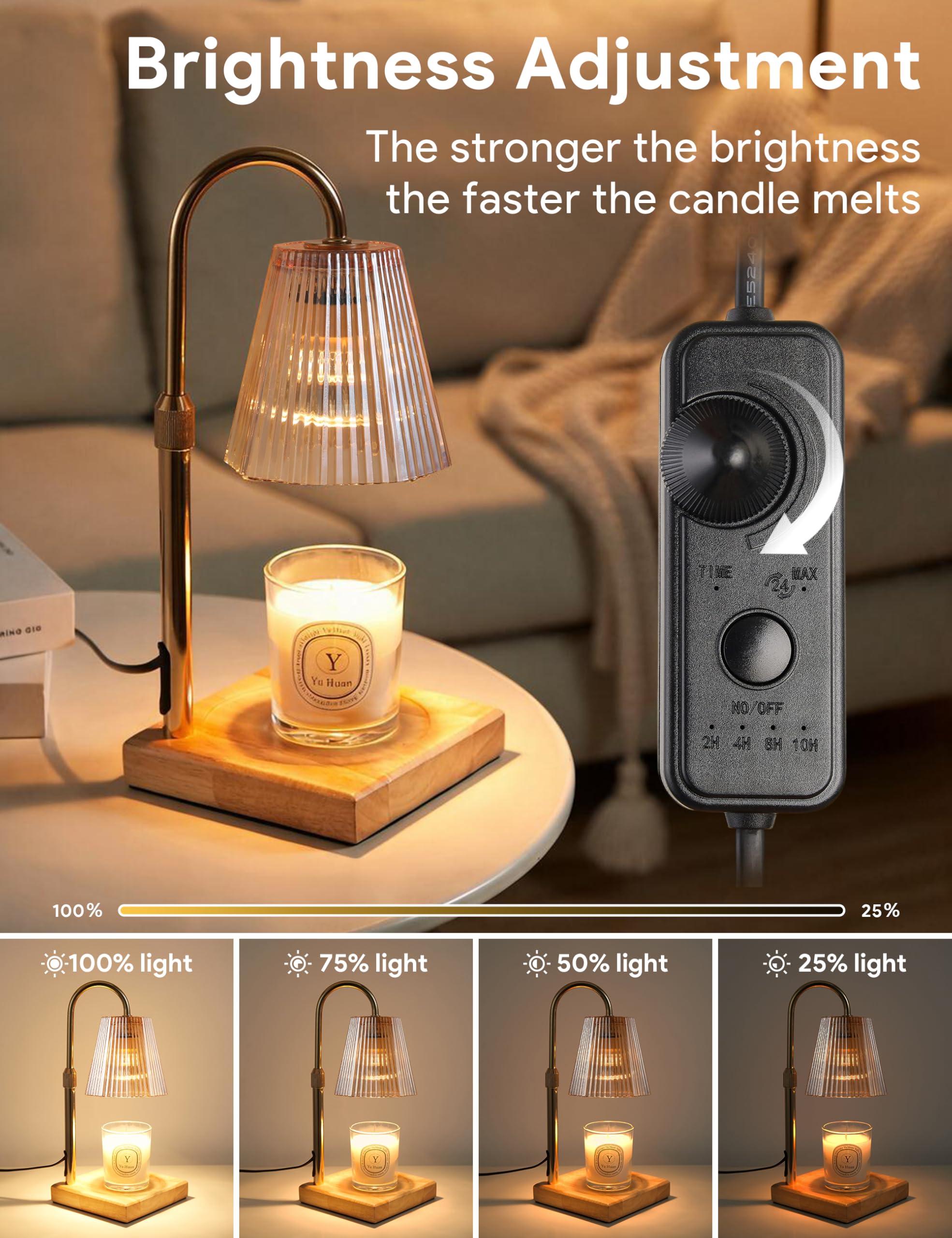 Allanmen gold candle warmer dimmer close-up highlighting brightness control benefit