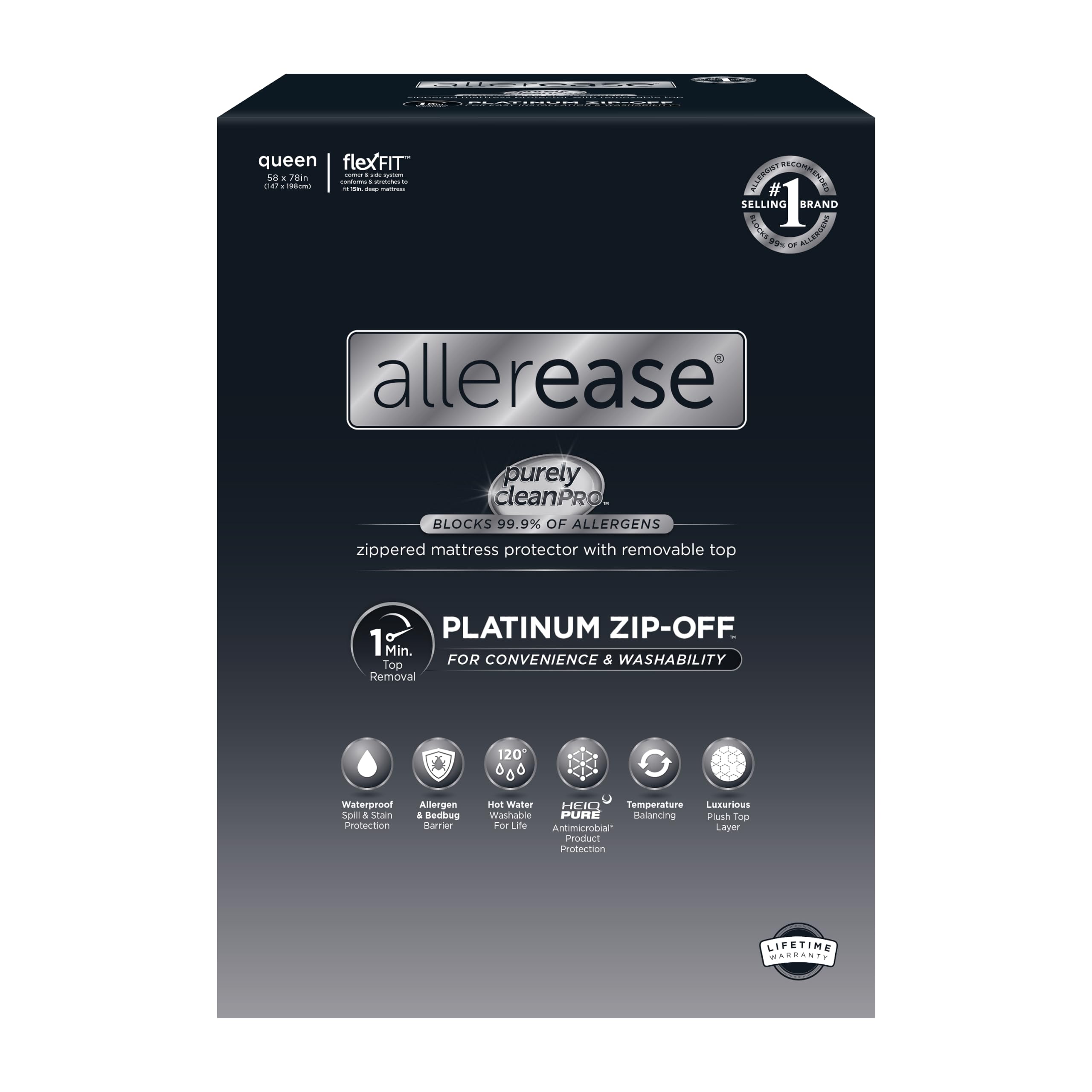 Aller-Ease front view of queen zip-off protector showing fitted look and comfort benefit