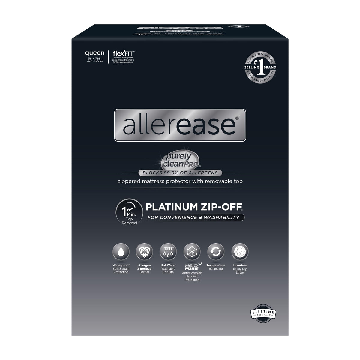 Aller-Ease front view of queen zip-off protector showing fitted look and comfort benefit