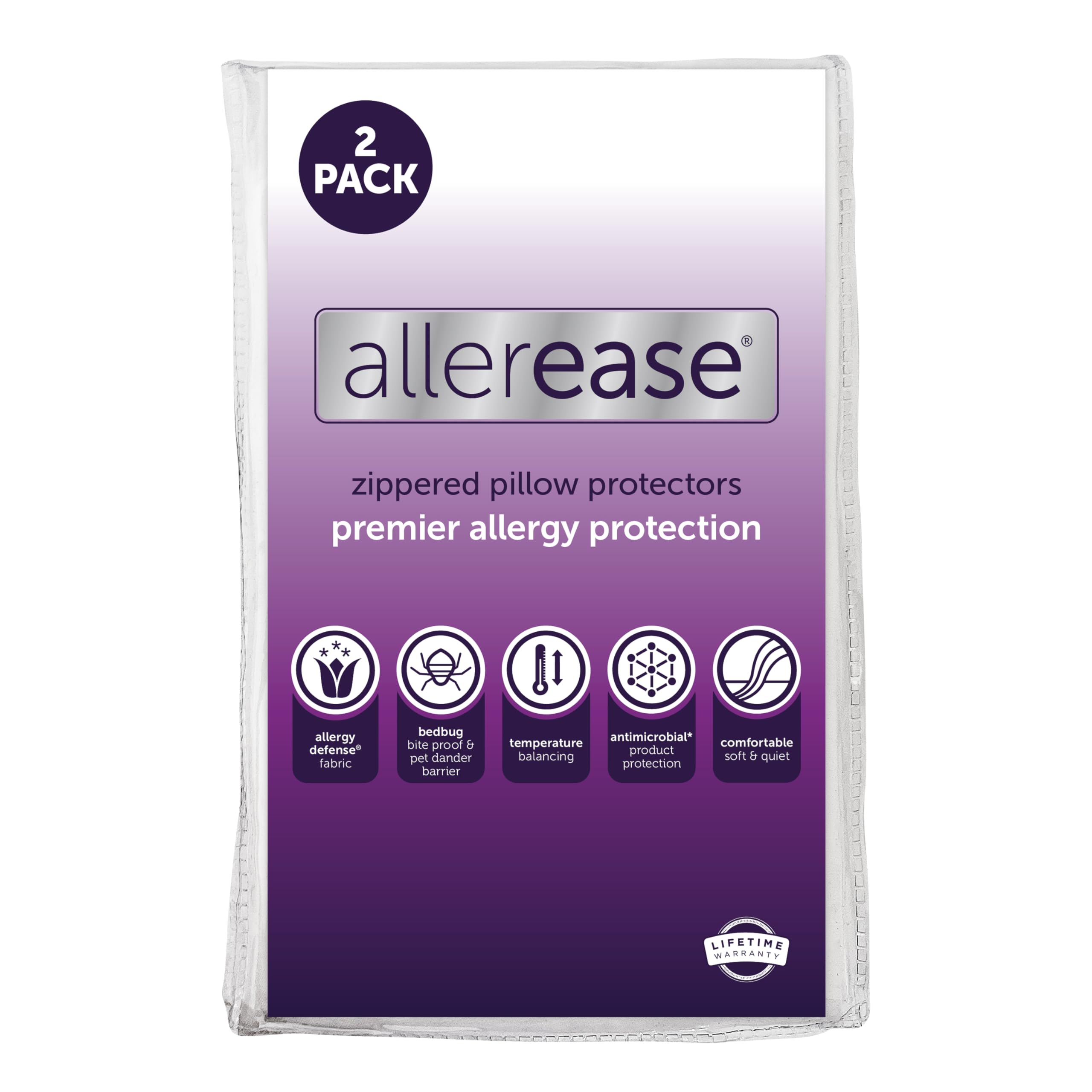 AllerEase front packaging showing 2-pack and features for clean pillows