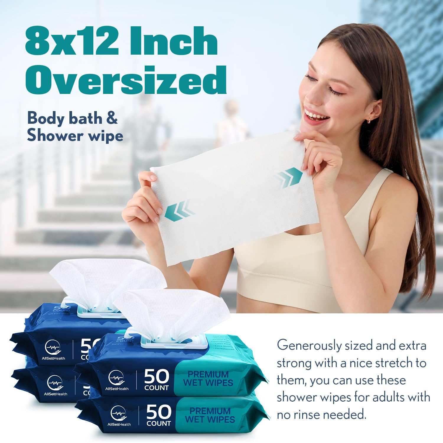 AllSett Health wipe in hand demonstrating large 8x12 size for efficient cleansing
