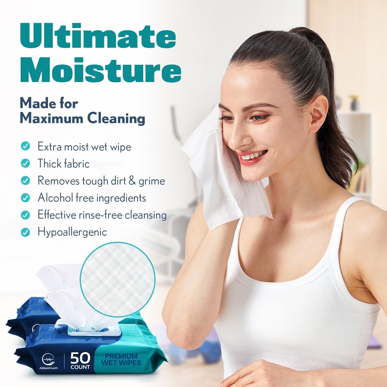 AllSett Health wipe on skin illustrating gentle aloe formula that soothes