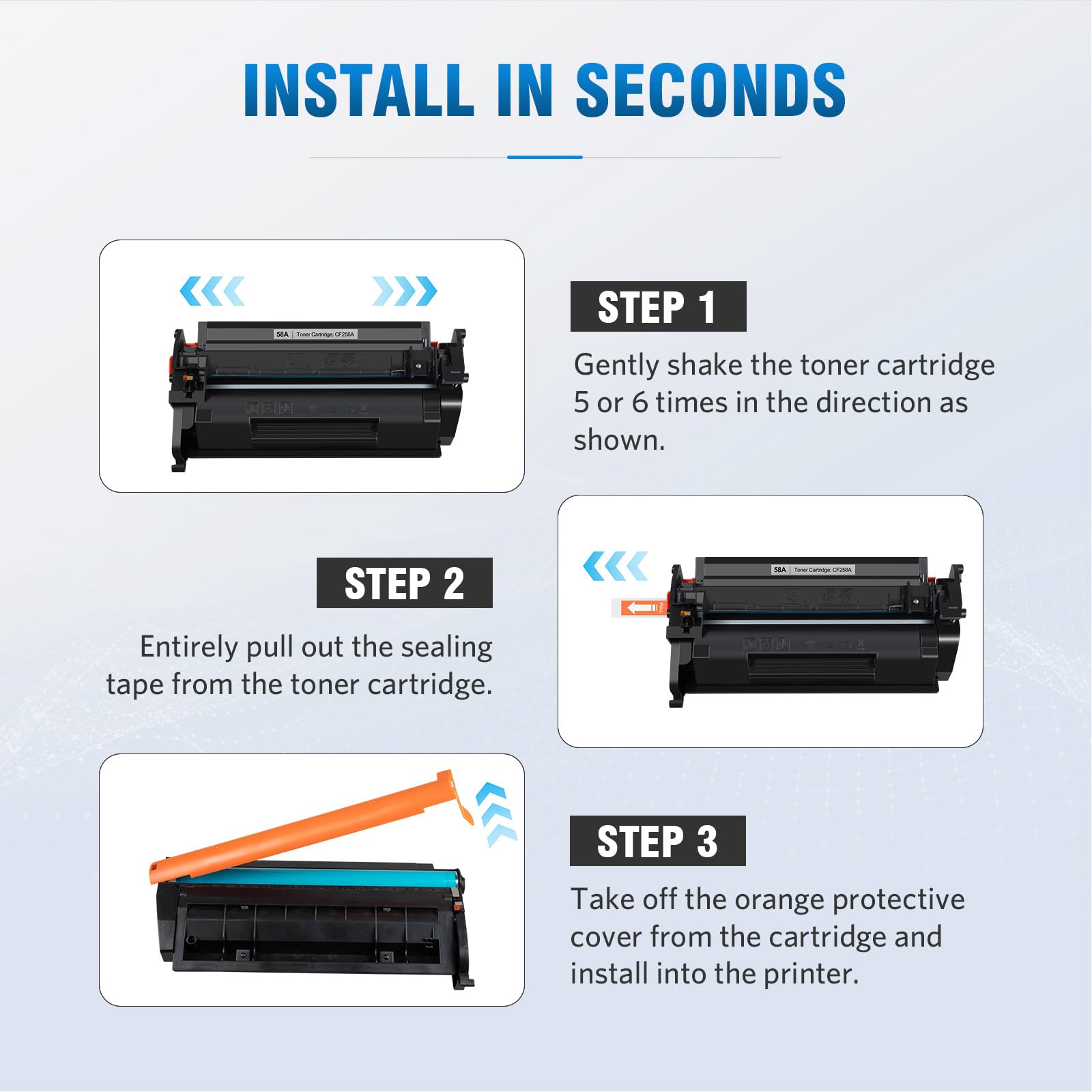 ALLWORK 58A cartridge installed in HP printer demonstrating quick replacement benefit