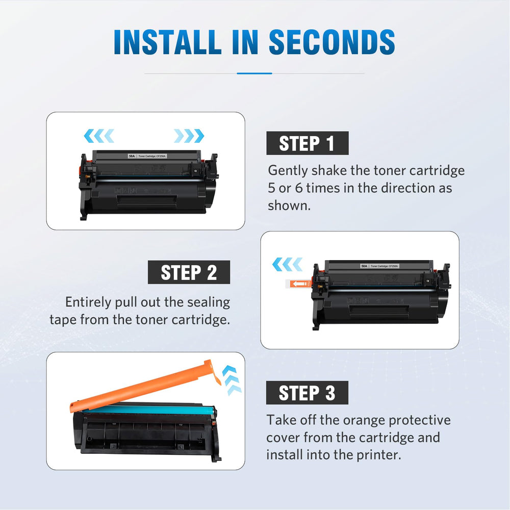 ALLWORK 58A cartridge installed in HP printer demonstrating quick replacement benefit