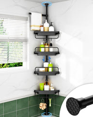 ALLZONE front view corner shower caddy showing four shelves and tension pole for space-saving storage